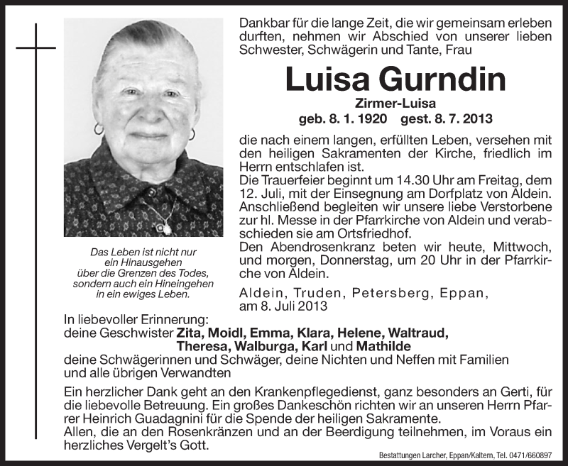  Traueranzeige für Luisa Gurndin vom 10.07.2013 aus Dolomiten