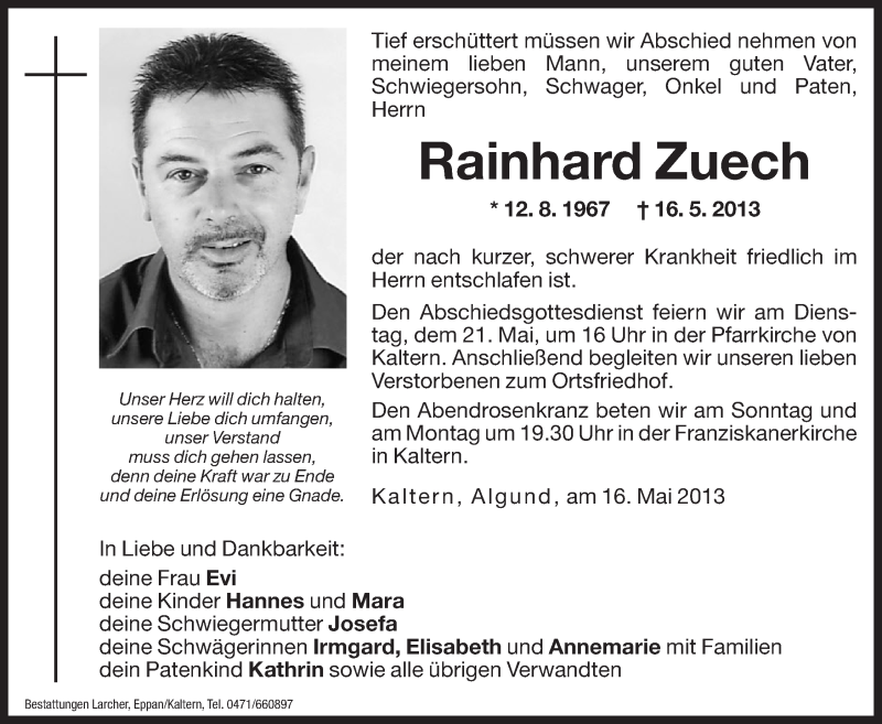  Traueranzeige für Rainhard Zuech vom 18.05.2013 aus Dolomiten