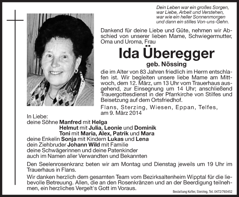  Traueranzeige für Ida Überegger vom 10.03.2014 aus Dolomiten