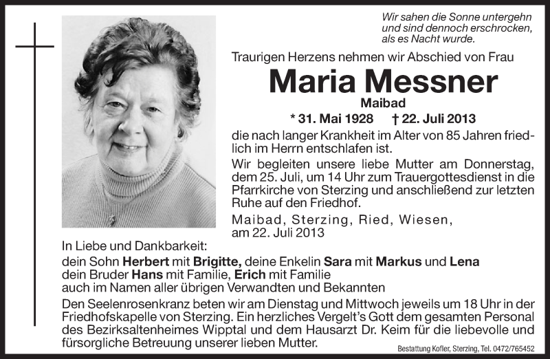  Traueranzeige für Maria Messner vom 23.07.2013 aus Dolomiten