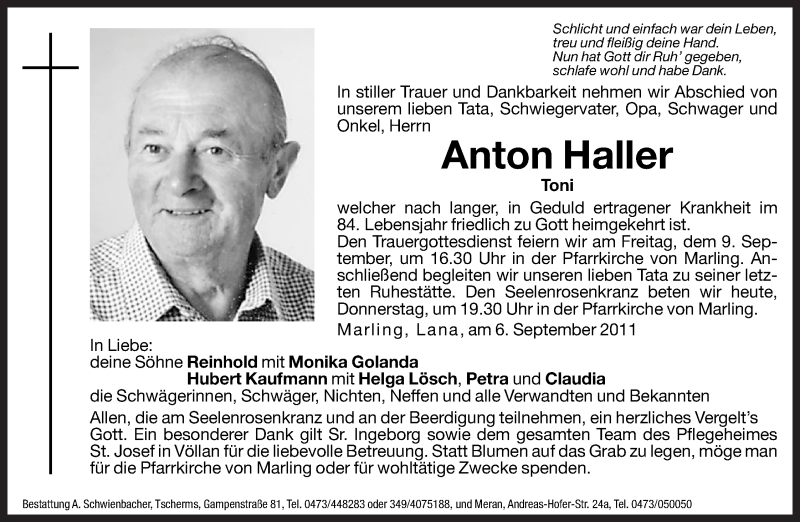  Traueranzeige für Anton Haller vom 08.09.2011 aus Dolomiten