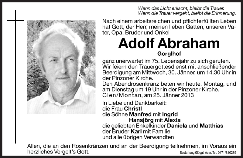  Traueranzeige für Adolf Abraham vom 28.01.2013 aus Dolomiten