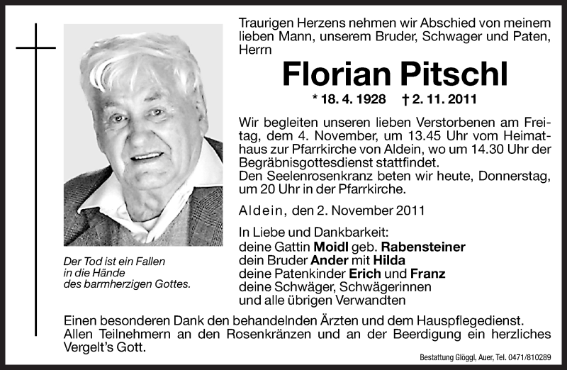  Traueranzeige für Florian Pitschl vom 11.03.2011 aus Dolomiten