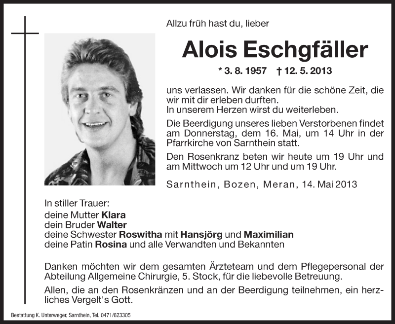  Traueranzeige für Alois Eschgfäller vom 14.05.2013 aus Dolomiten