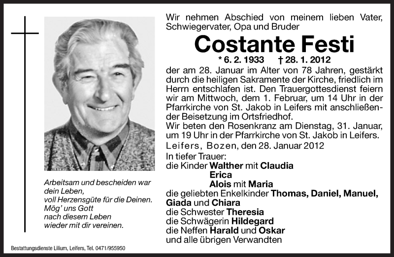  Traueranzeige für Costante Festi vom 31.01.2012 aus Dolomiten