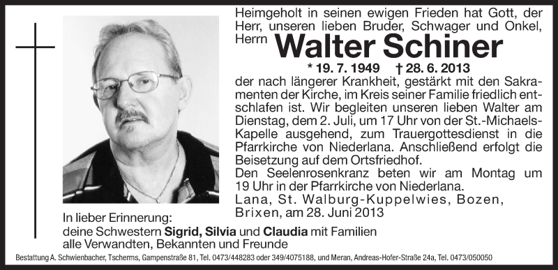  Traueranzeige für Walter Schiner vom 01.07.2013 aus Dolomiten