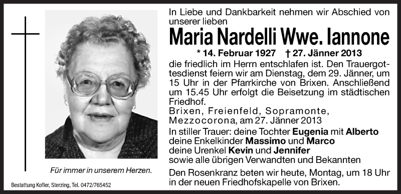  Traueranzeige für Maria Iannone vom 28.01.2013 aus Dolomiten