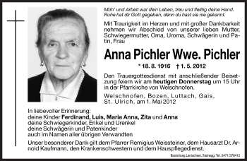 Traueranzeige von Anna Pichler von Dolomiten