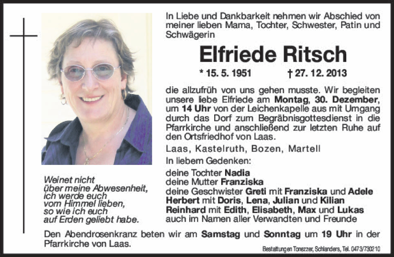  Traueranzeige für Elfriede Ritsch vom 28.12.2013 aus Dolomiten