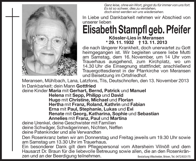  Traueranzeige für Elisabeth Stampfl vom 14.11.2013 aus Dolomiten