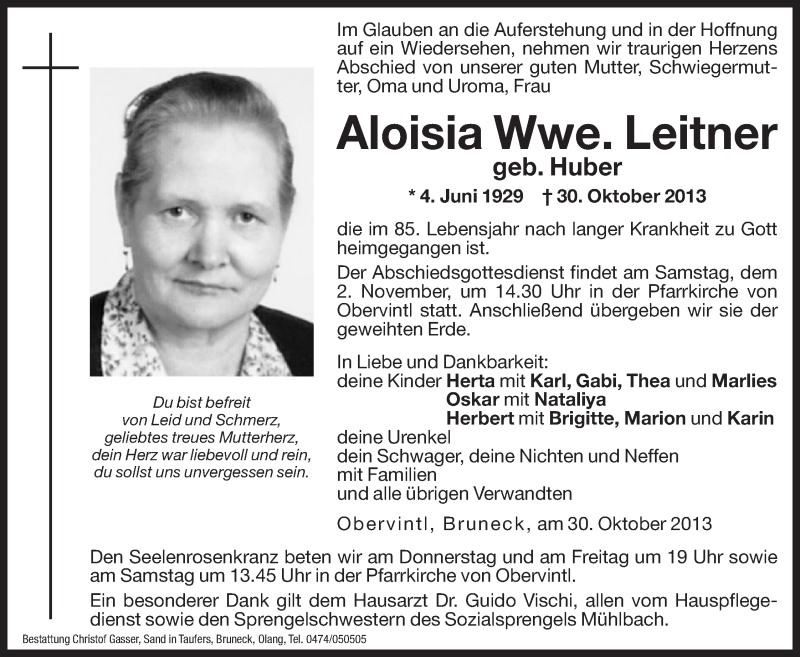  Traueranzeige für Aloisia Leitner vom 31.10.2013 aus Dolomiten