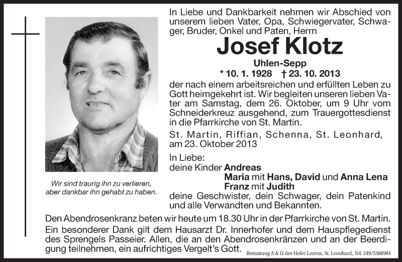  Traueranzeige für Josef Klotz vom 25.10.2013 aus Dolomiten