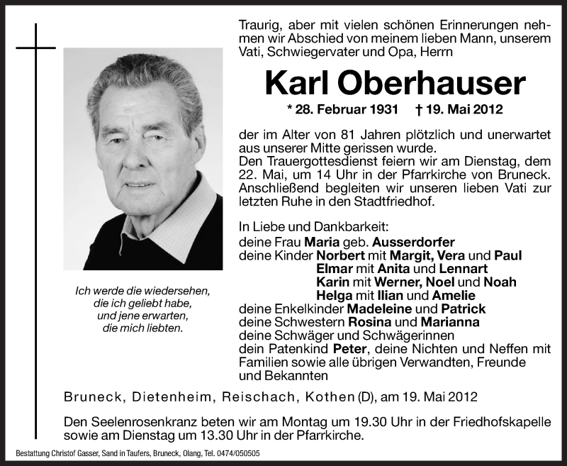  Traueranzeige für Karl Oberhauser vom 21.05.2012 aus Dolomiten