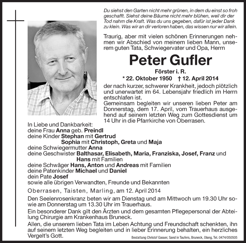  Traueranzeige für Peter Gufler vom 14.04.2014 aus Dolomiten