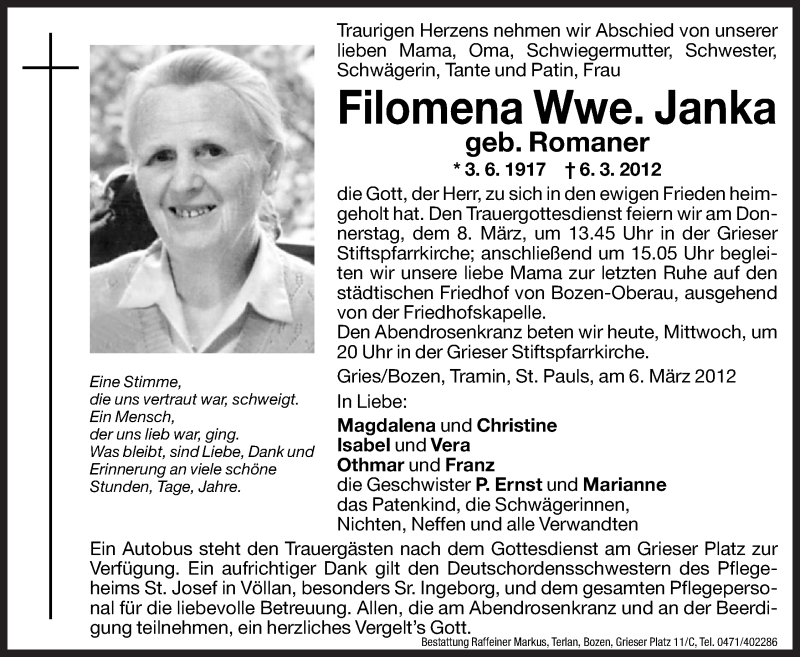  Traueranzeige für Filomena Janka vom 07.03.2012 aus Dolomiten