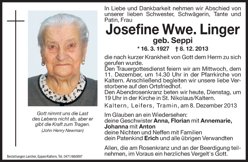  Traueranzeige für Josefine Linger vom 10.12.2013 aus Dolomiten