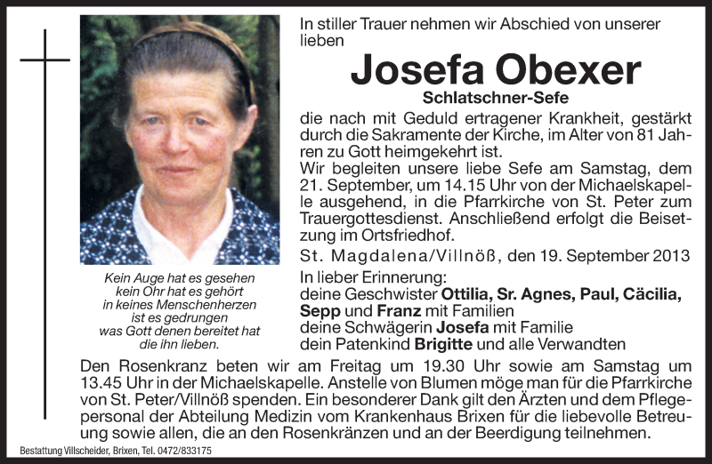  Traueranzeige für Josefa Obexer vom 20.09.2013 aus Dolomiten