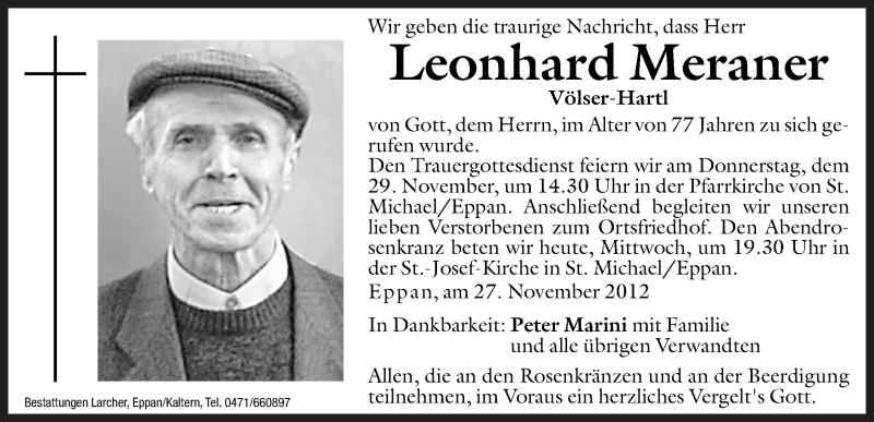  Traueranzeige für Leonhard Meraner vom 28.11.2012 aus Dolomiten