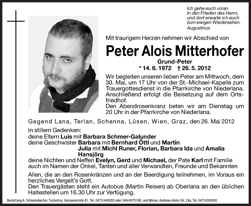  Traueranzeige für Peter Alois Mitterhofer vom 29.05.2012 aus Dolomiten