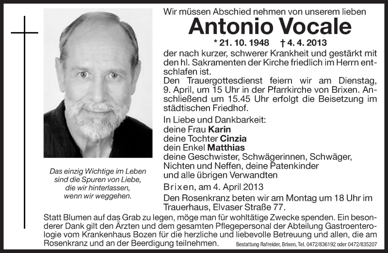  Traueranzeige für Antonio Vocale vom 08.04.2013 aus Dolomiten