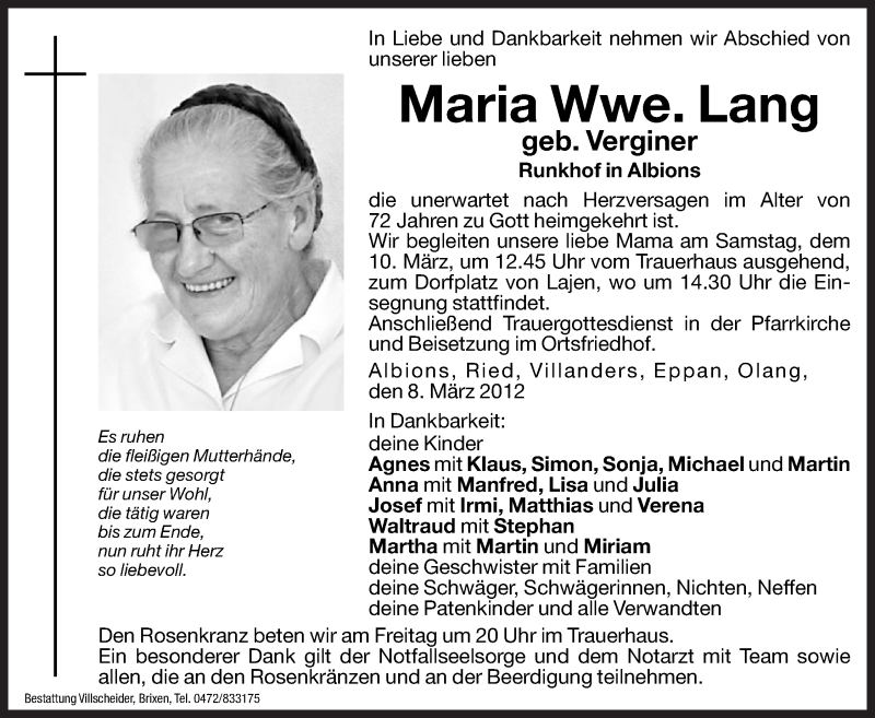  Traueranzeige für Maria Lang vom 09.03.2012 aus Dolomiten