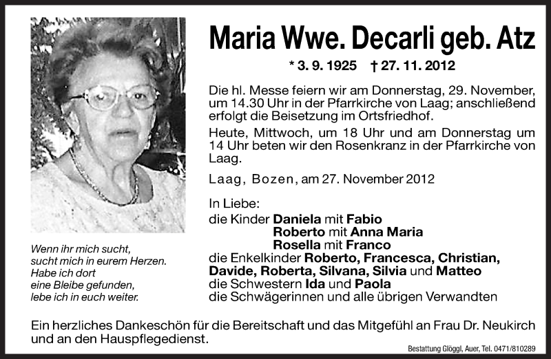  Traueranzeige für Maria Decarli vom 28.11.2012 aus Dolomiten