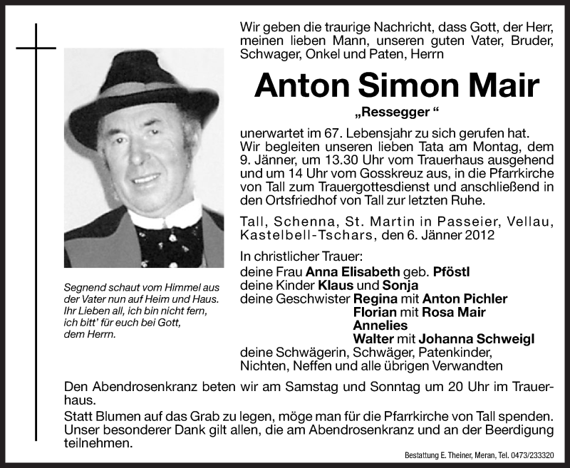  Traueranzeige für Anton Simon Mair vom 07.01.2012 aus Dolomiten