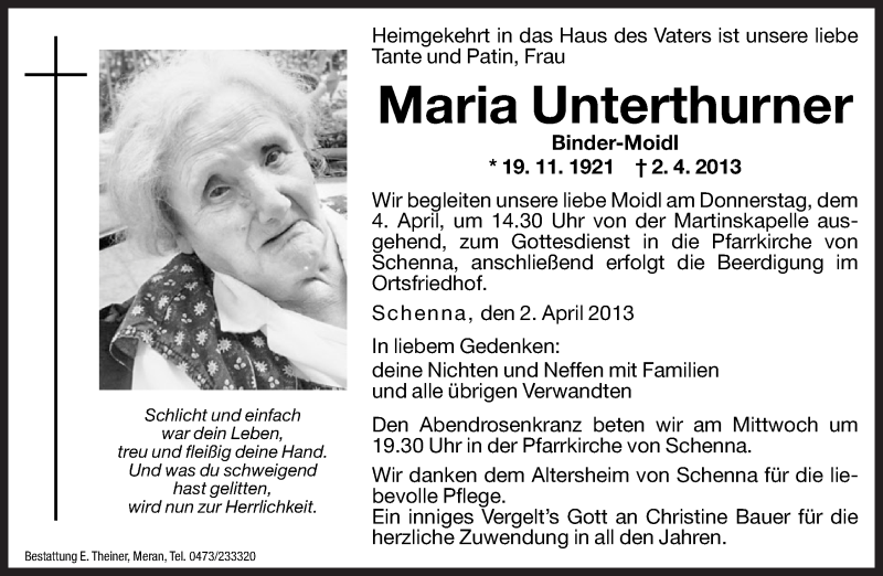  Traueranzeige für Maria Unterthurner vom 03.04.2013 aus Dolomiten