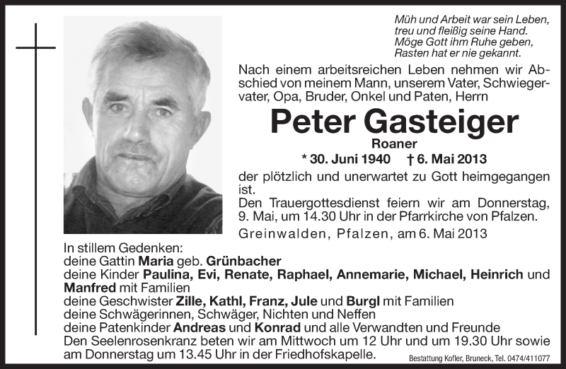  Traueranzeige für Peter Gasteiger vom 08.05.2013 aus Dolomiten