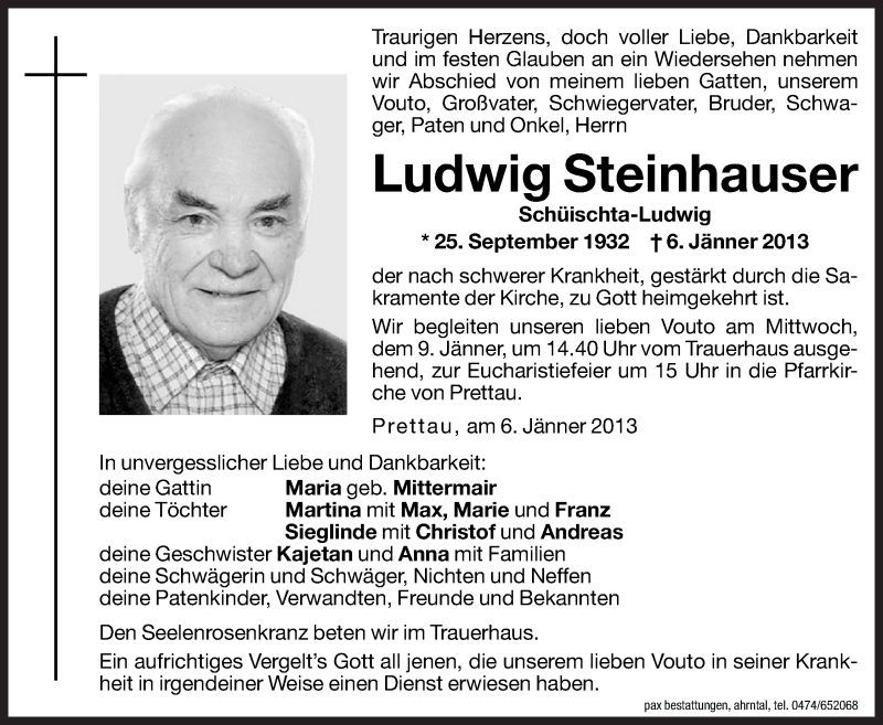  Traueranzeige für Ludwig Steinhauser vom 08.01.2013 aus Dolomiten