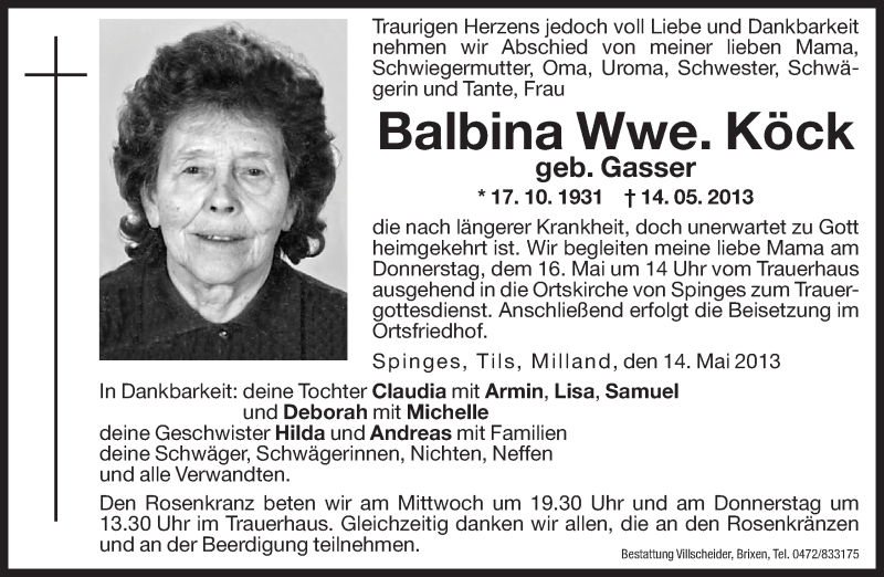  Traueranzeige für Balbina Köck vom 15.05.2013 aus Dolomiten