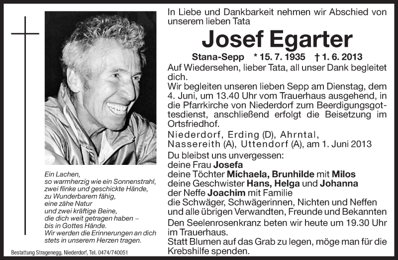  Traueranzeige für Josef Egarter vom 03.06.2013 aus Dolomiten