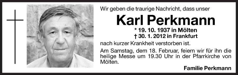  Traueranzeige für Karl Perkmann vom 17.02.2012 aus Dolomiten