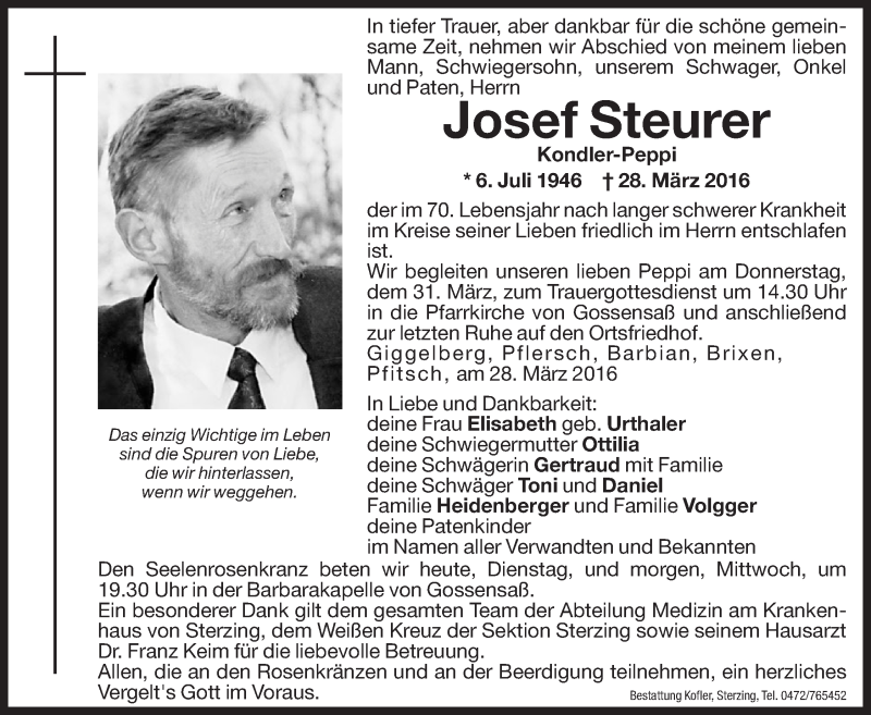  Traueranzeige für Josef Steurer vom 29.03.2016 aus Dolomiten