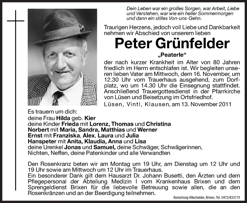  Traueranzeige für Peter Grünfelder vom 14.11.2011 aus Dolomiten