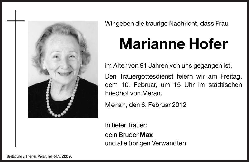  Traueranzeige für Marianne Singer vom 08.02.2012 aus Dolomiten