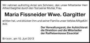 Traueranzeige von Maria Gargitter von Dolomiten