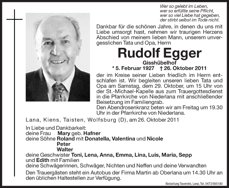  Traueranzeige für Rudolf Egger vom 28.10.2011 aus Dolomiten