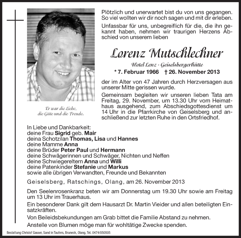  Traueranzeige für Lorenz Mutschlechner vom 28.11.2013 aus Dolomiten