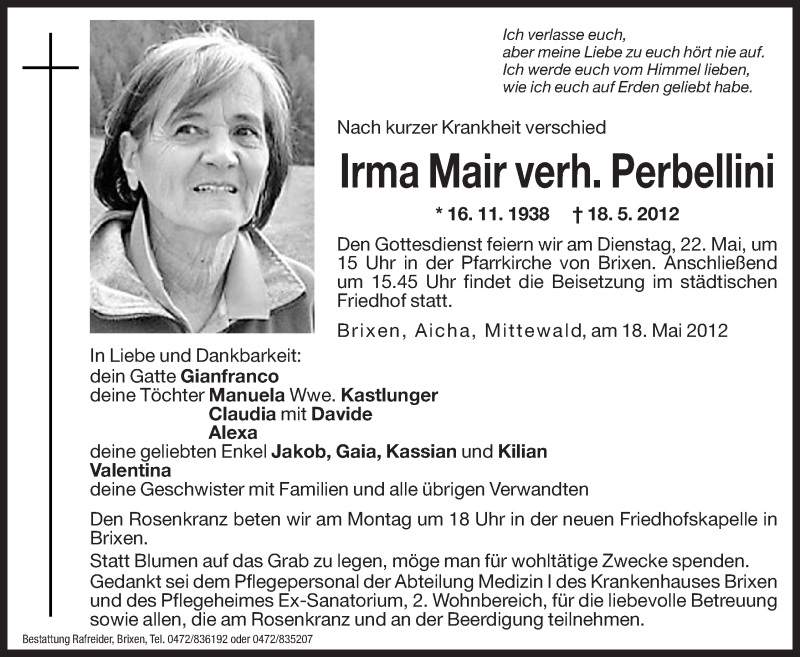  Traueranzeige für Irma Perbellini vom 21.05.2012 aus Dolomiten