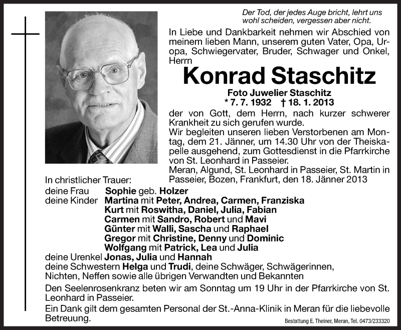  Traueranzeige für Konrad Staschitz vom 19.01.2013 aus Dolomiten