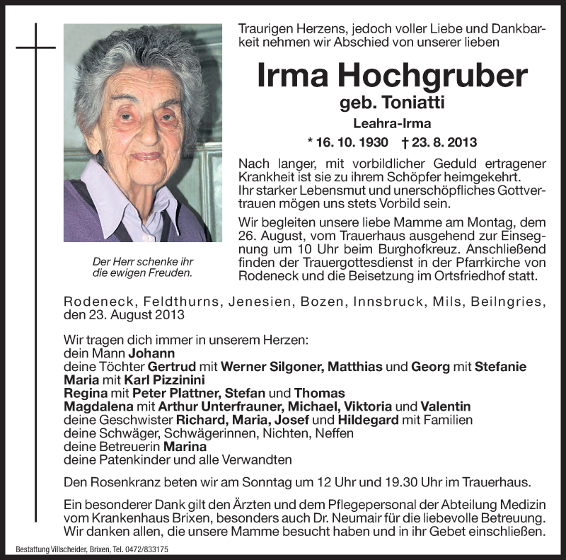  Traueranzeige für Irma Hochgruber vom 24.08.2013 aus Dolomiten