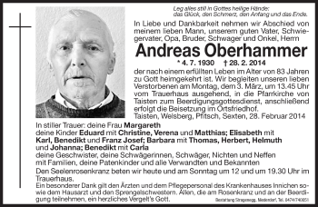 Traueranzeige von Andreas Oberhammer von Dolomiten