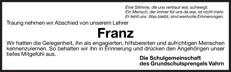  Traueranzeige für Franz  vom 11.10.2012 aus Dolomiten