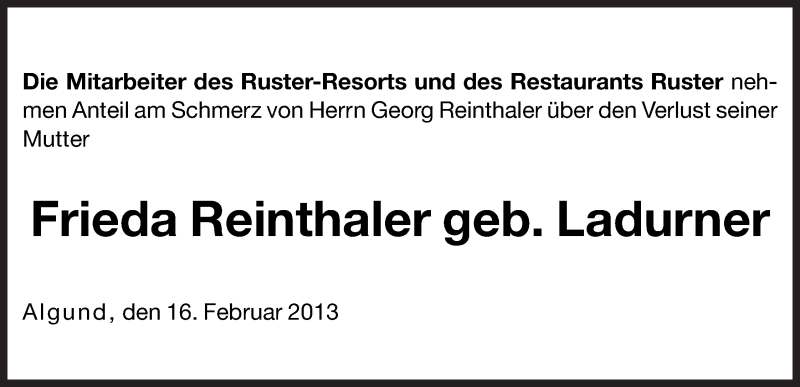  Traueranzeige für Frieda Reinthaler vom 16.02.2013 aus Dolomiten