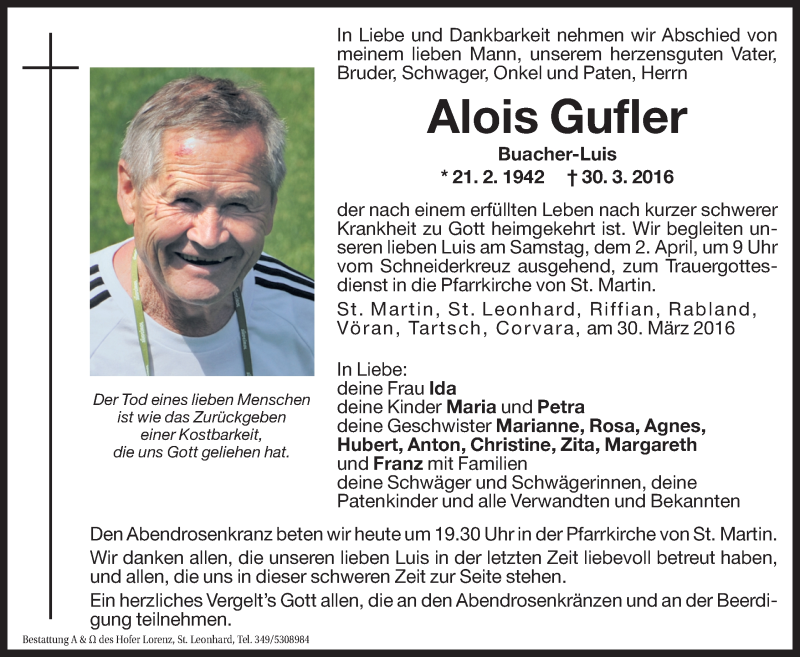  Traueranzeige für Alois Gufler vom 04.01.2016 aus Dolomiten