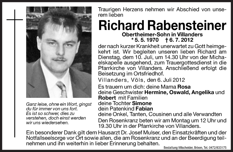  Traueranzeige für Richard Rabensteiner vom 09.07.2012 aus Dolomiten