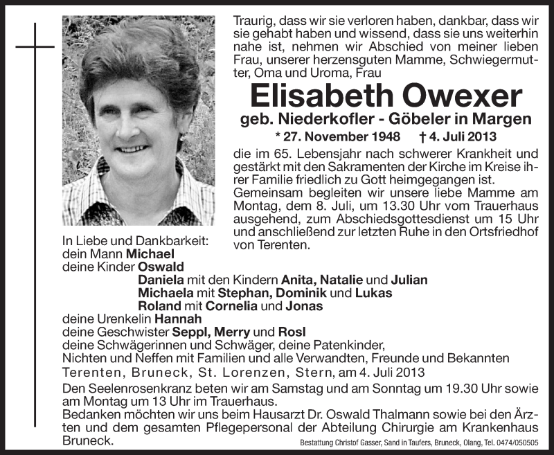  Traueranzeige für Elisabeth Owexer vom 05.07.2013 aus Dolomiten