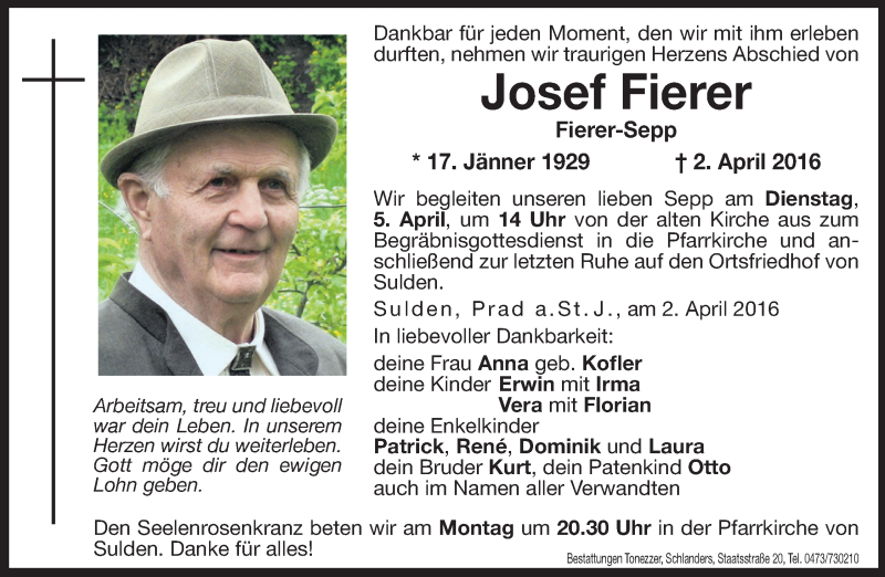  Traueranzeige für Josef Fierer vom 04.04.2016 aus Dolomiten