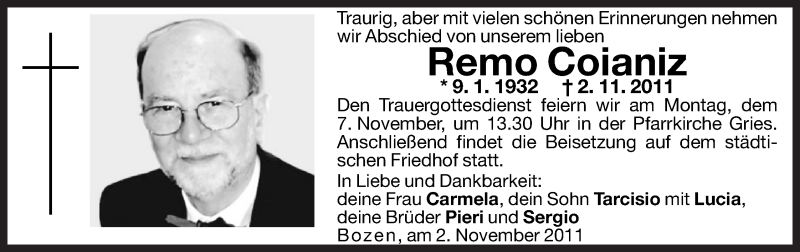  Traueranzeige für Remo Coianiz vom 11.04.2011 aus Dolomiten